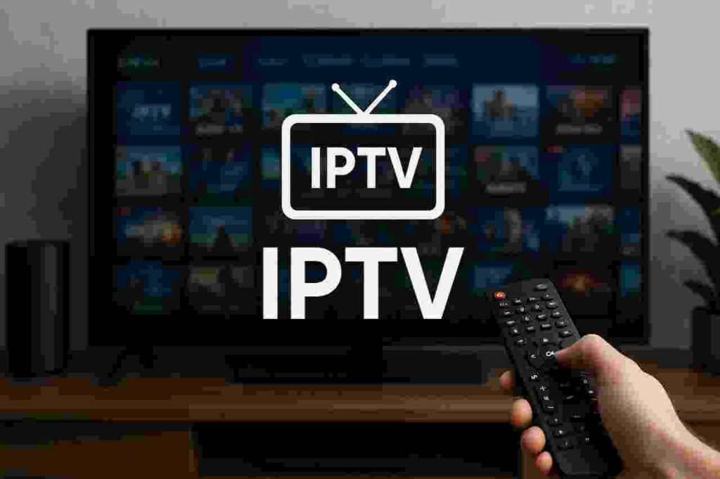 User streaming IPTV on smart TV and mobile devices with live channels movies and series interface