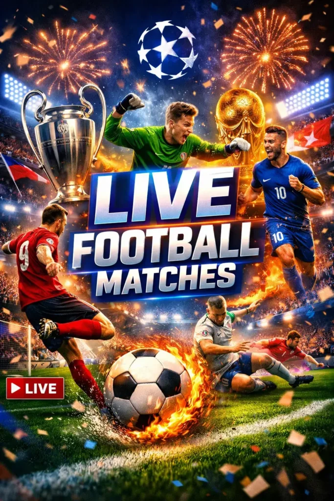 Live football matches graphic showing players in action, a football on fire, stadium lights, and the Champions League trophy with dramatic atmosphere.