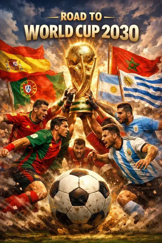 FIFA World Cup 2030 illustration showing players from Spain, Portugal, Morocco, Argentina, and Uruguay battling for the golden trophy with national flags and a football in the foreground.