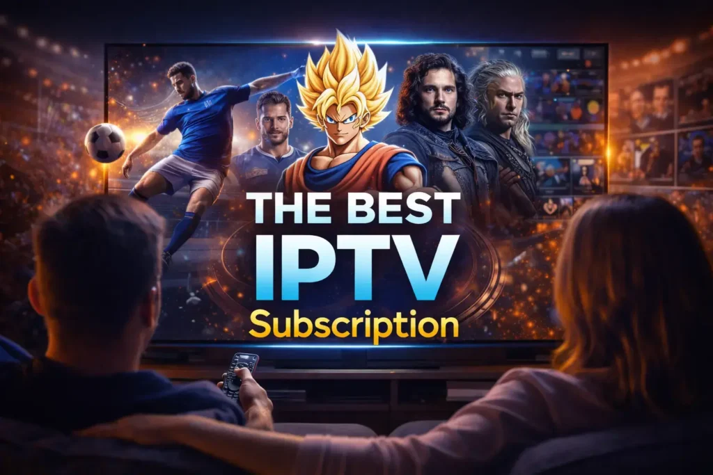 The best IPTV subscription showing a variety of live TV channels, movies, and sports streaming on multiple devices