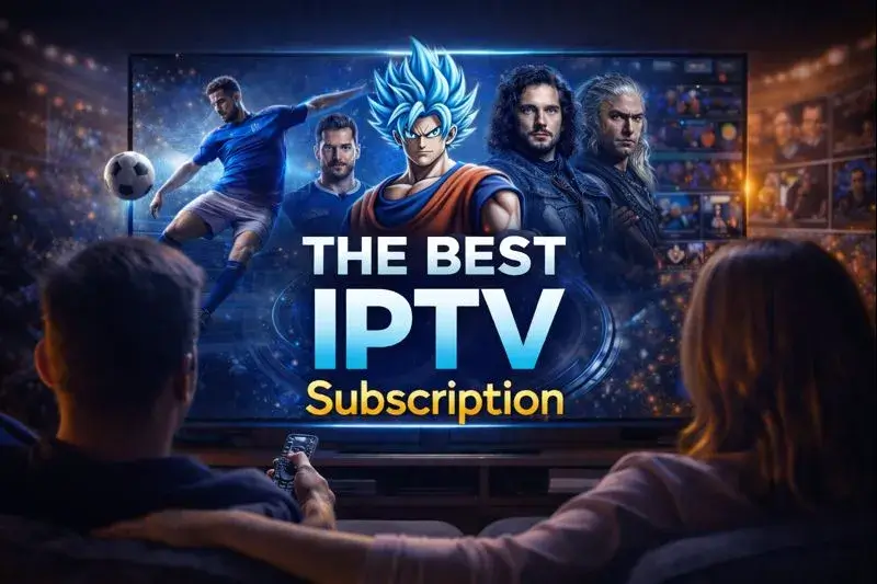 the best iptv subscription showing a modern streaming experience with football players, movie actors, series entertainment, and balanced digital visuals representing premium IPTV content