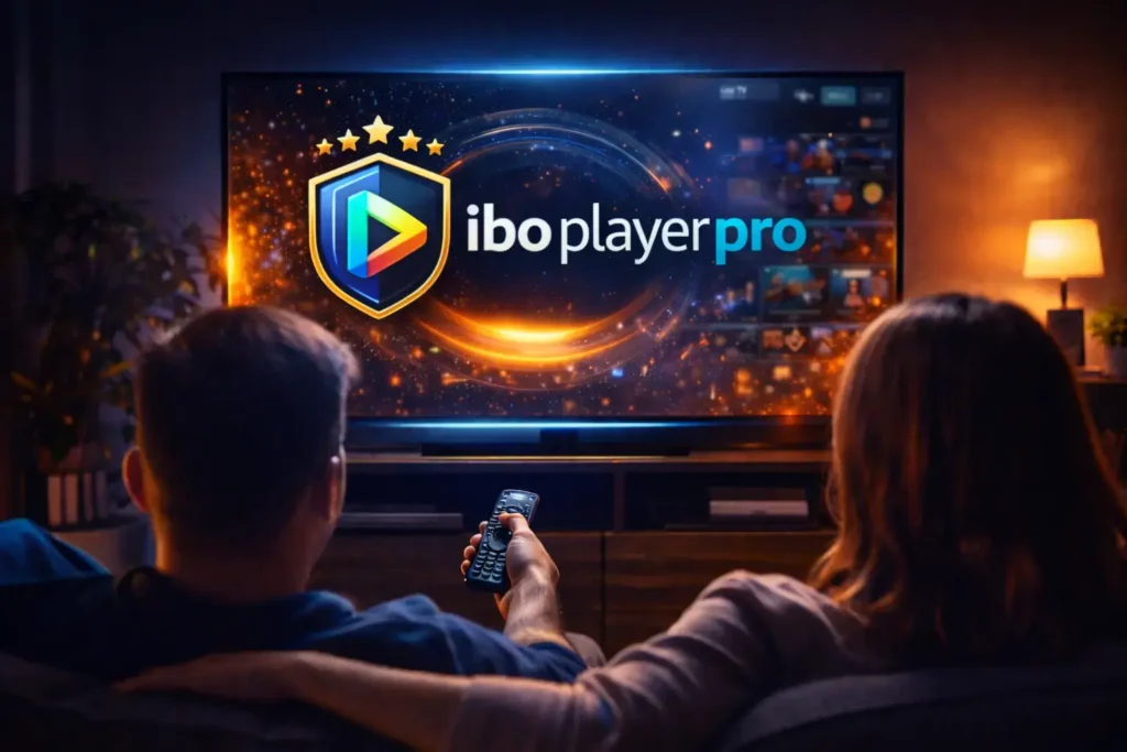IBO Player Pro IPTV media player displaying live TV, movies, and on-demand content across multiple devices