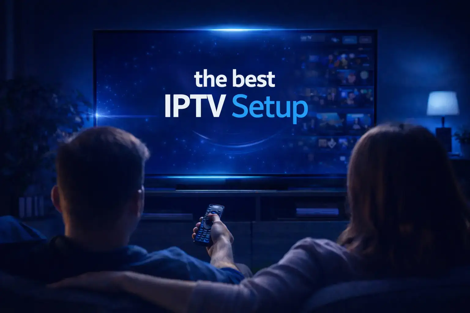 IPTV setup showing optimized devices, router, and streaming apps for smooth viewing